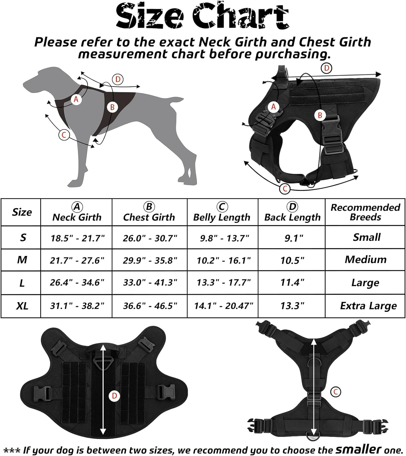 PAWTRENDER Tactical Dog Harness for Large Dogs - size chart