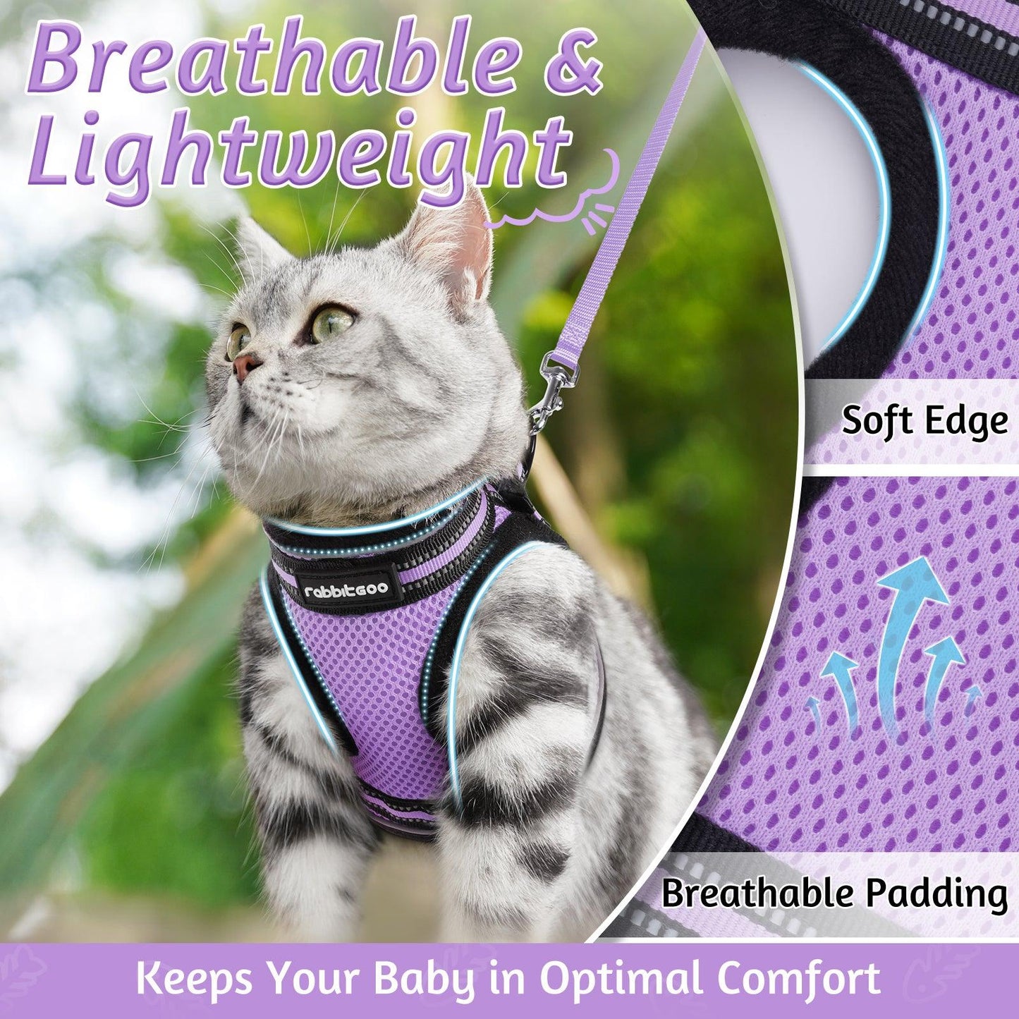 Rabbitgoo Escape Proof Cat Harness and Leash Set, with Reflective Strip - Light purple