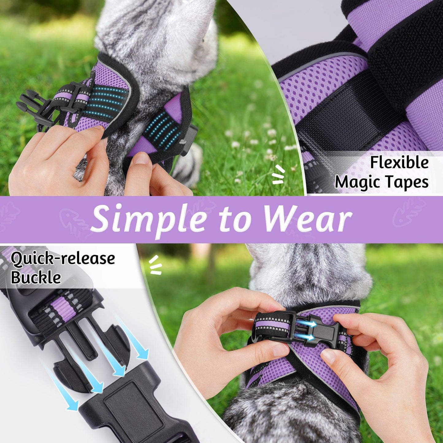 Rabbitgoo Escape Proof Cat Harness and Leash Set, with Reflective Strip - Light purple