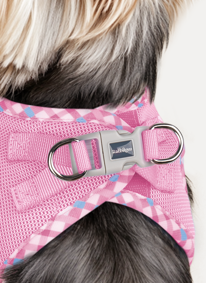 Minifit Small Dog Harness and Leash Set - Pink & Plaid Trim