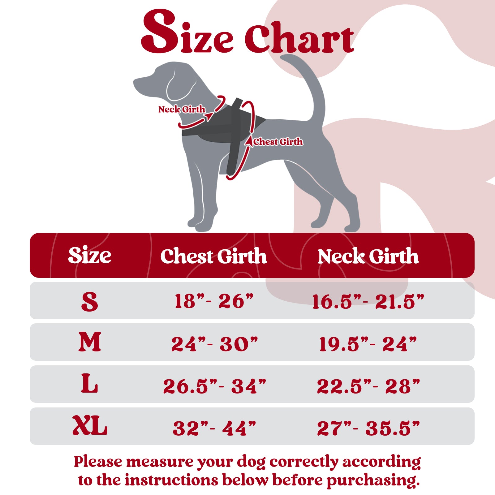 Easy Walk Dog Harness with One Buckle Size chart