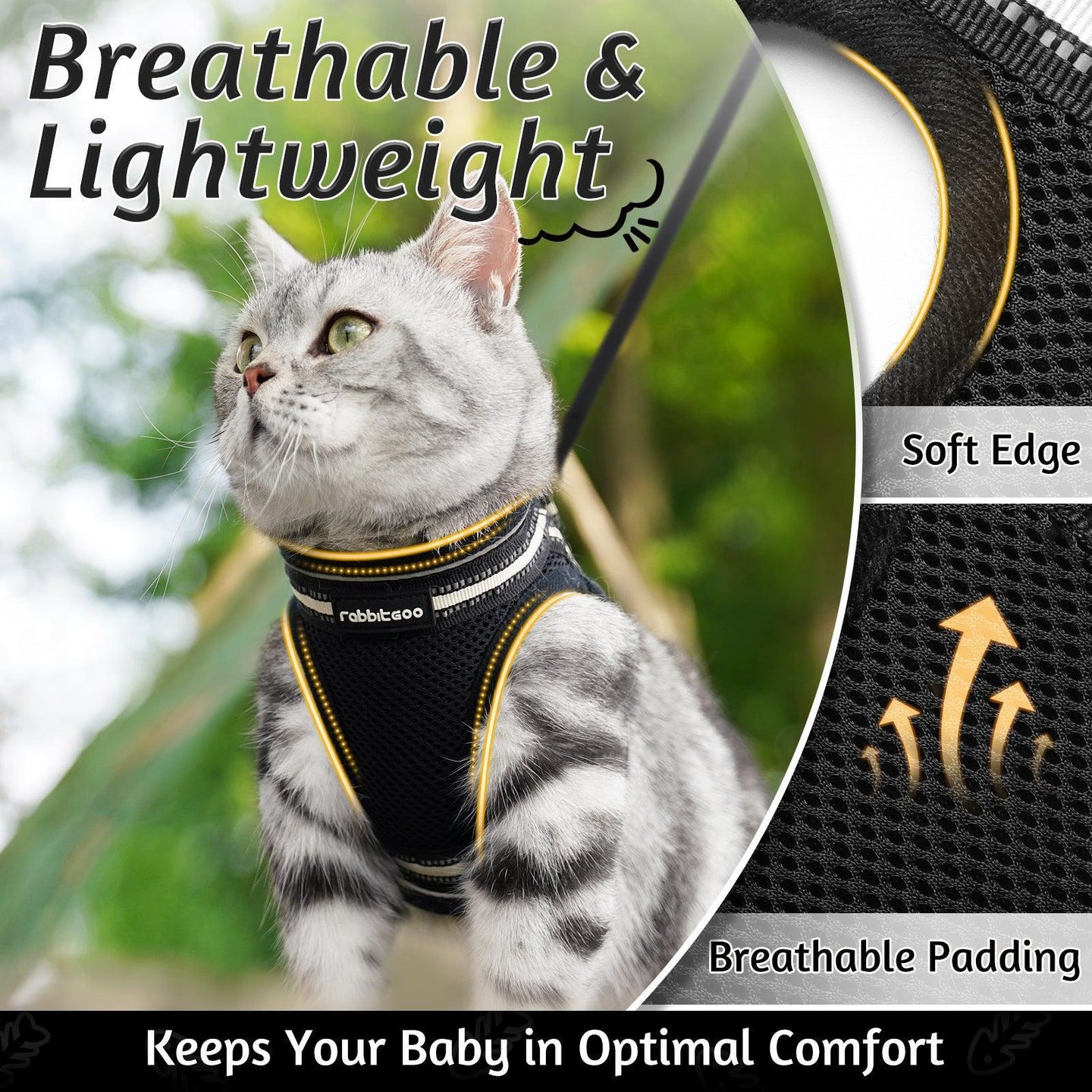 Rabbitgoo Escape Proof Cat Harness and Leash Set, with Reflective Strip - Black