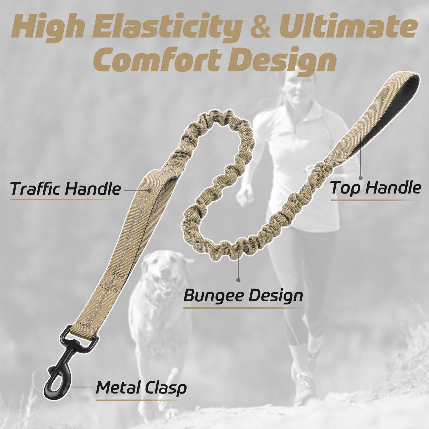 Rabbitgoo Dog Leash with 2 Padded Traffic Control Handles - Tan / Max: 5.2ft