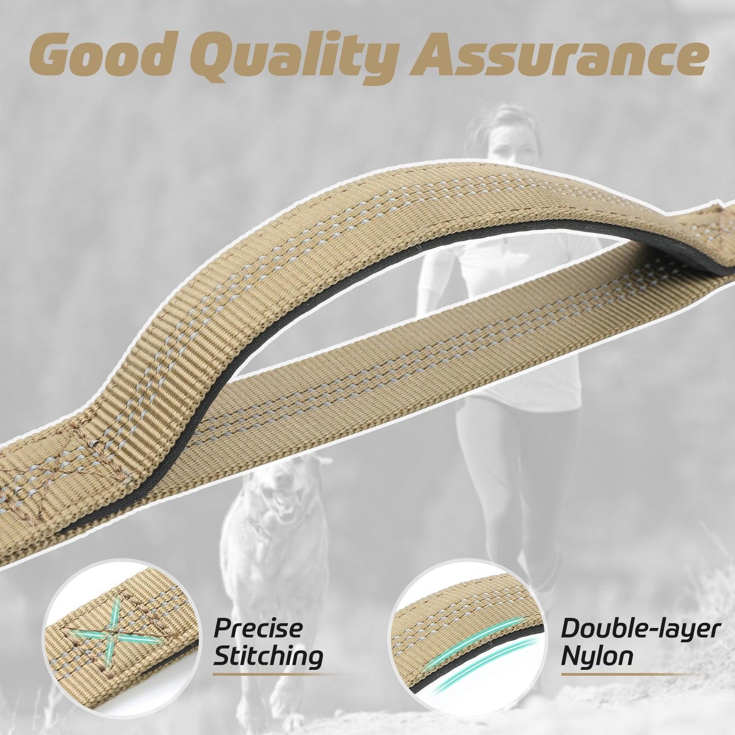 Rabbitgoo Dog Leash with 2 Padded Traffic Control Handles - Tan / Max: 5.2ft