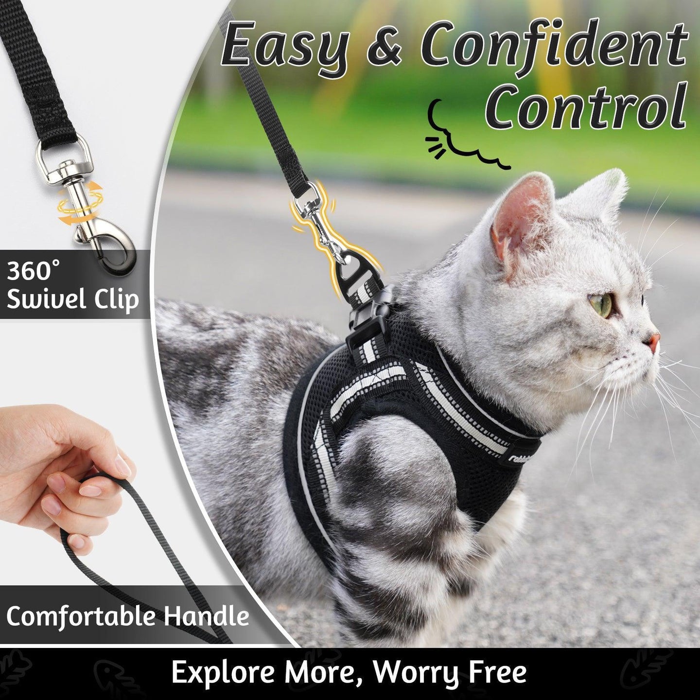 Rabbitgoo Escape Proof Cat Harness and Leash Set, with Reflective Strip - Black