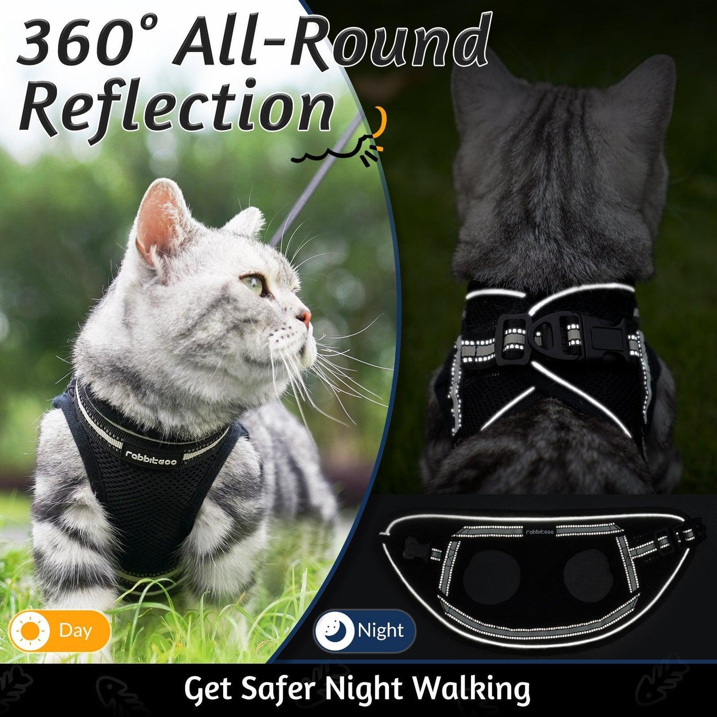 Rabbitgoo Escape Proof Cat Harness and Leash Set, with Reflective Strip - Blue / S