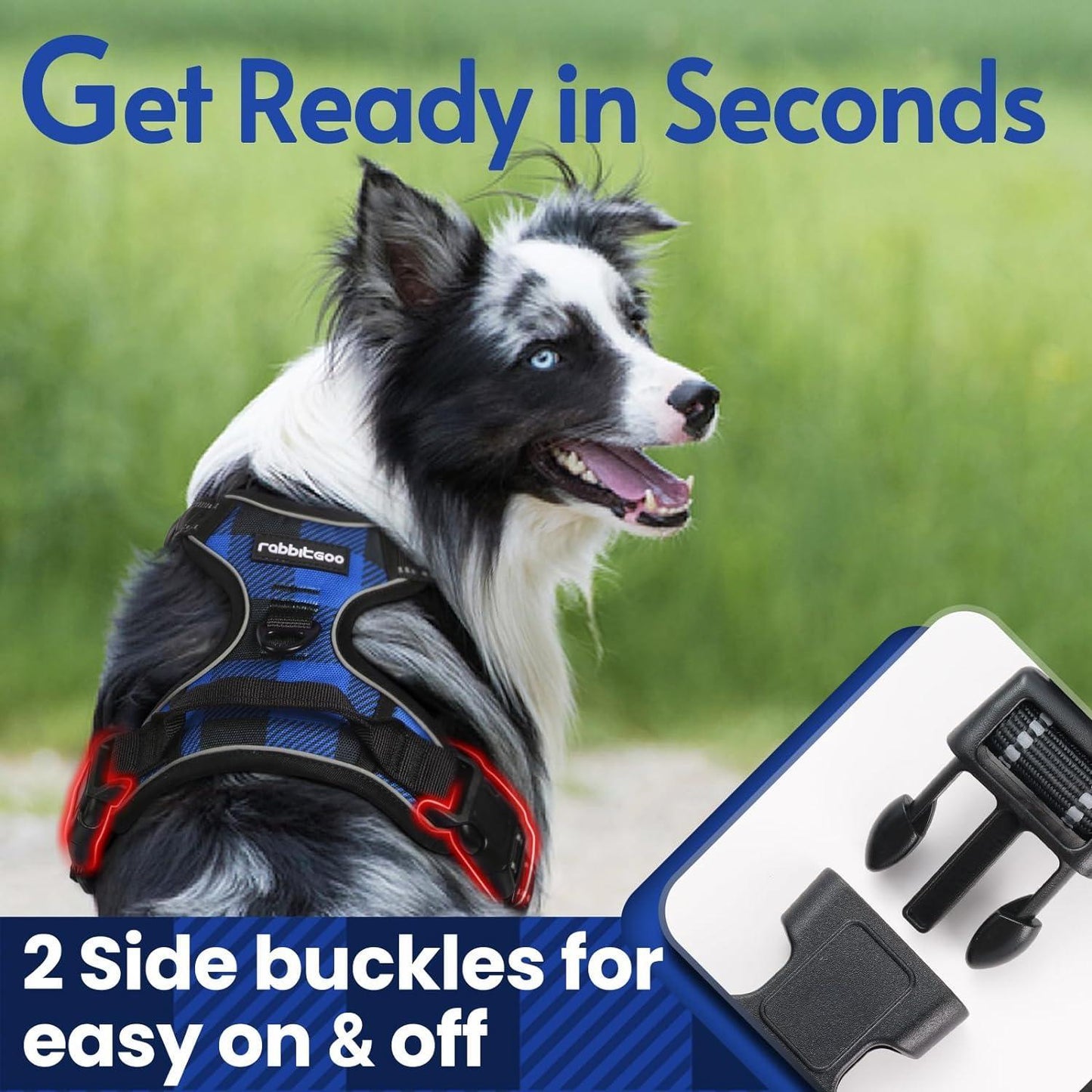 Rabbitgoo Plaid Dog Harness for Large Dogs - Blue & Black / S