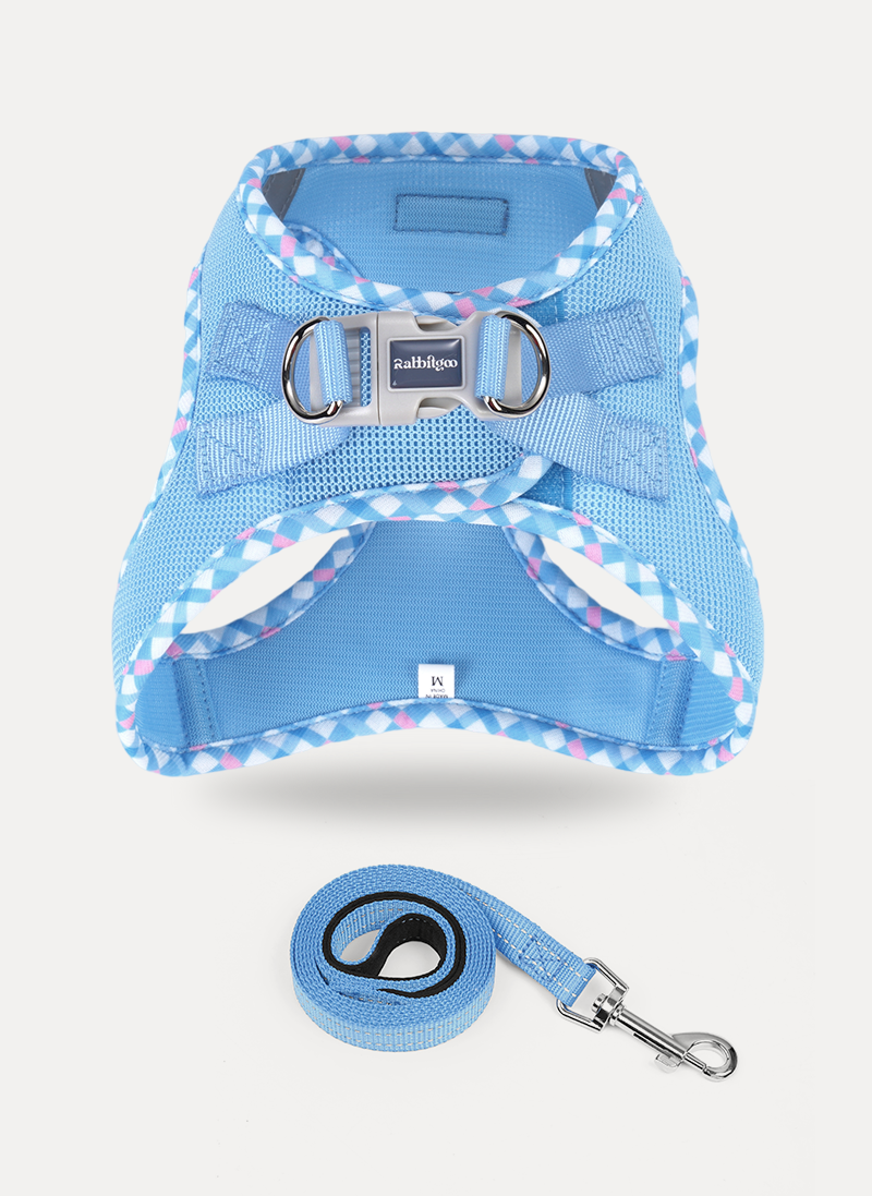 Minifit Small Dog Harness and Leash Set - Blue & Plaid Trim
