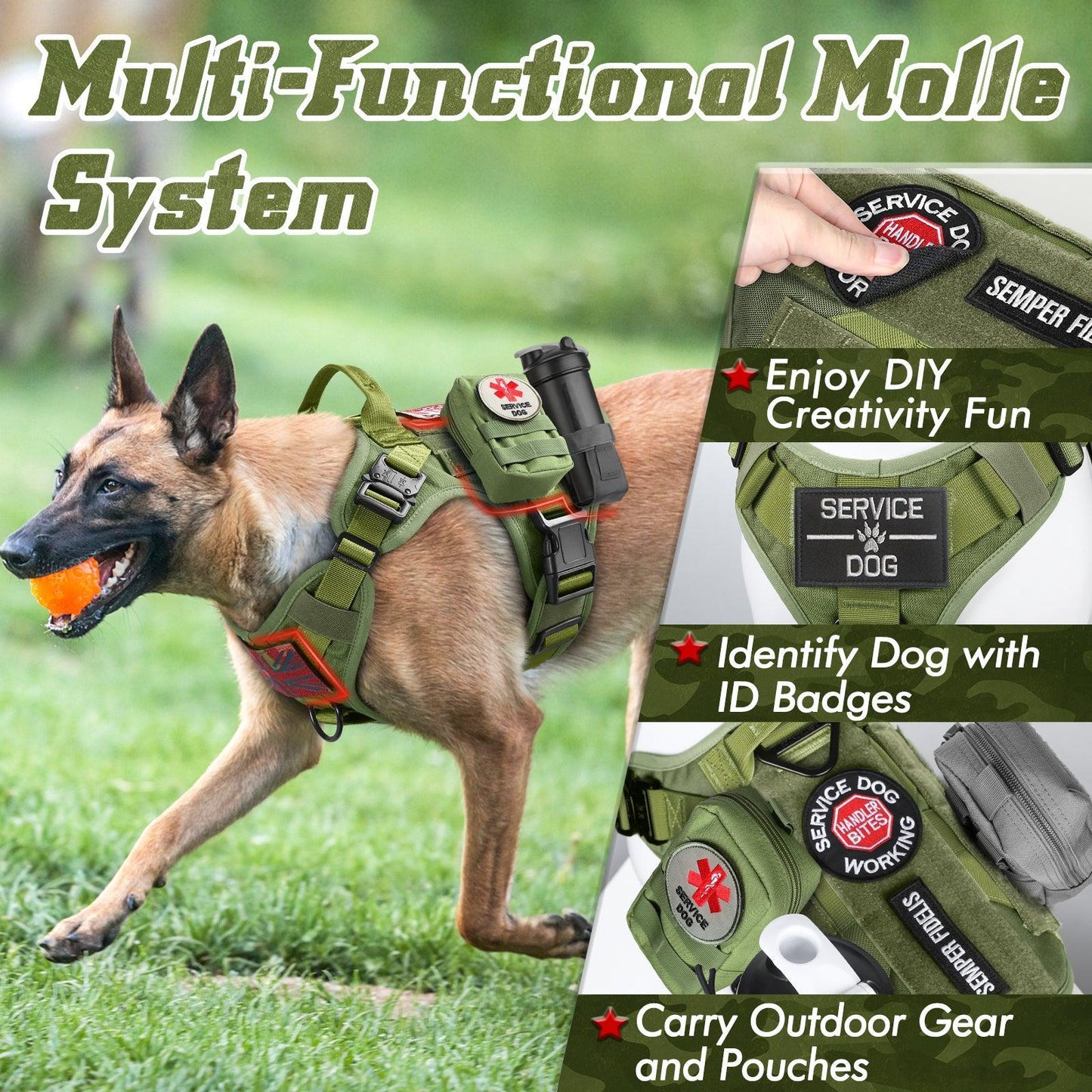 PAWTRENDER Tactical Dog Harness for Large Dogs - Green 