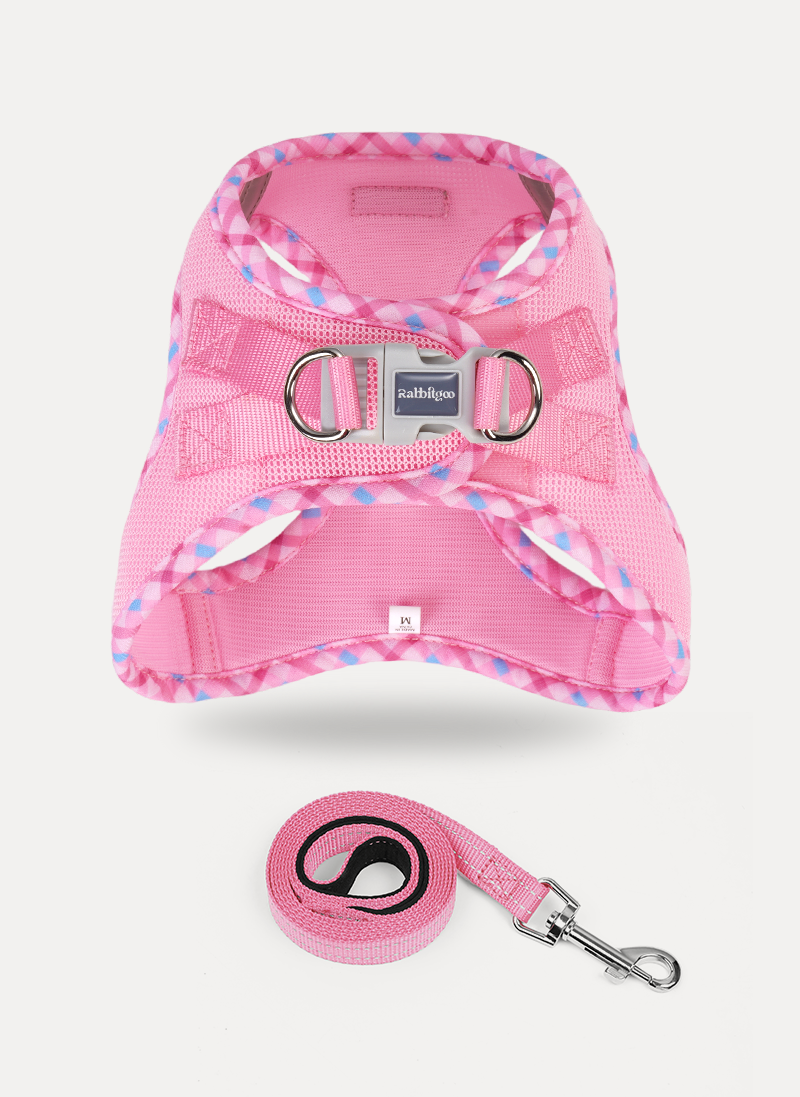Minifit Small Dog Harness and Leash Set - Pink & Plaid Trim