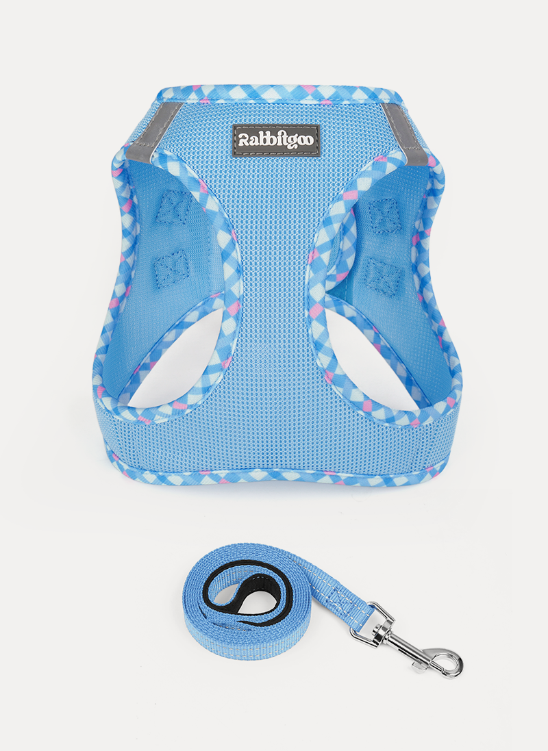 Minifit Small Dog Harness and Leash Set - Blue & Plaid Trim