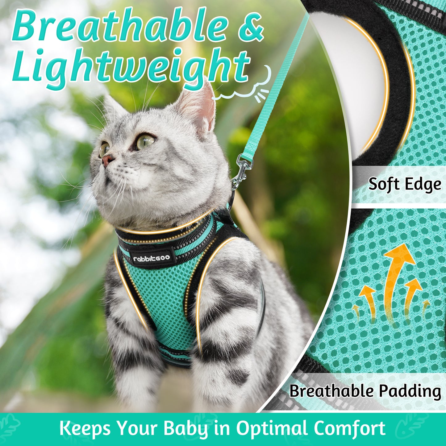 Rabbitgoo Escape Proof Cat Harness and Leash Set, with Reflective Strip - Green