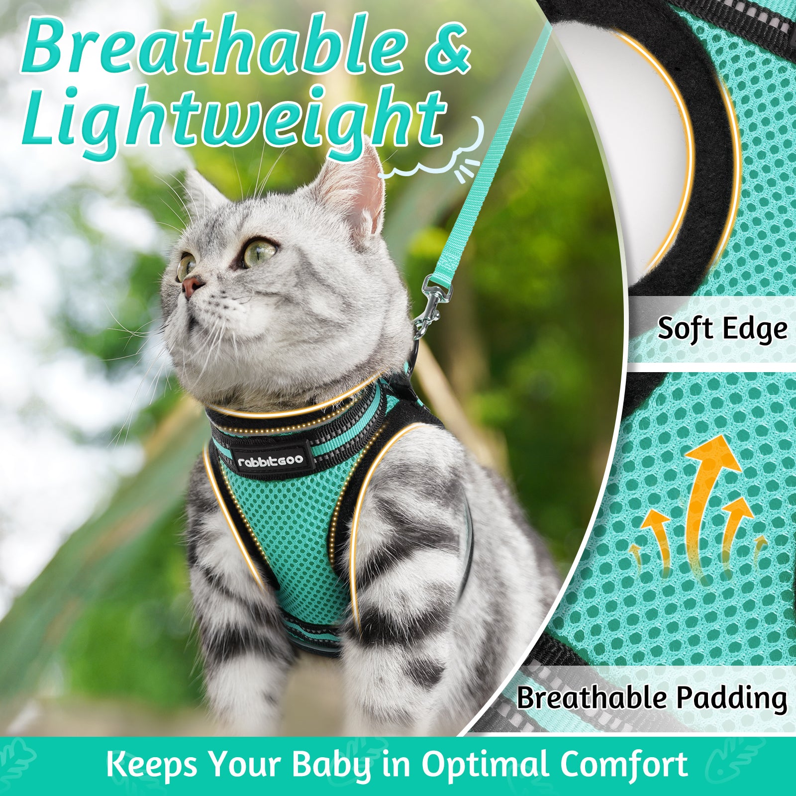 Rabbitgoo Escape Proof Cat Harness and Leash Set, with Reflective Strip - Green