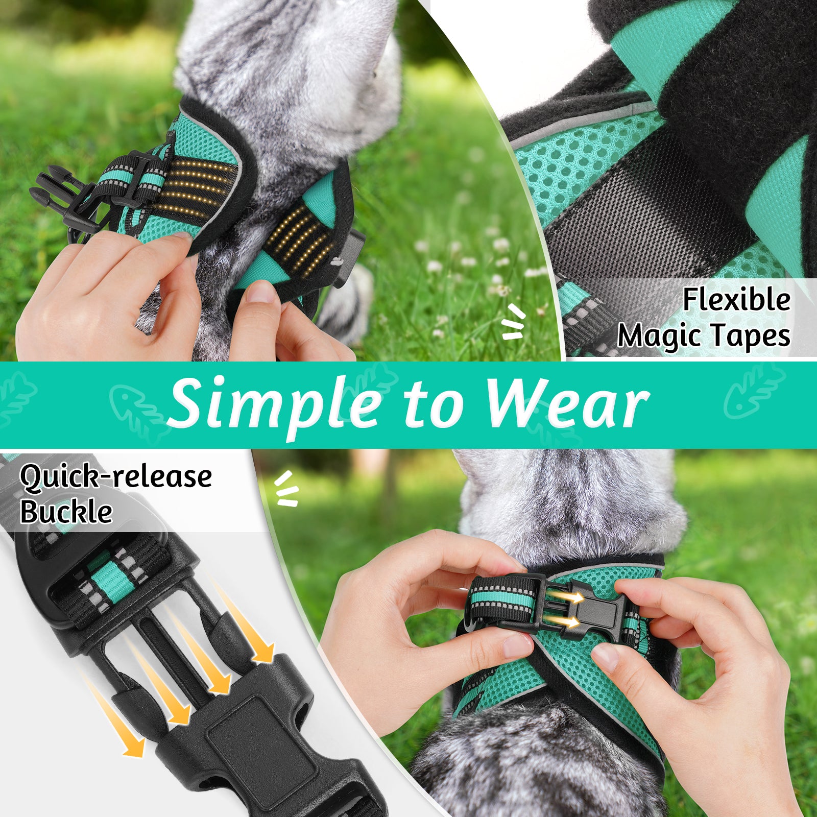 Rabbitgoo Escape Proof Cat Harness and Leash Set, with Reflective Strip - Green