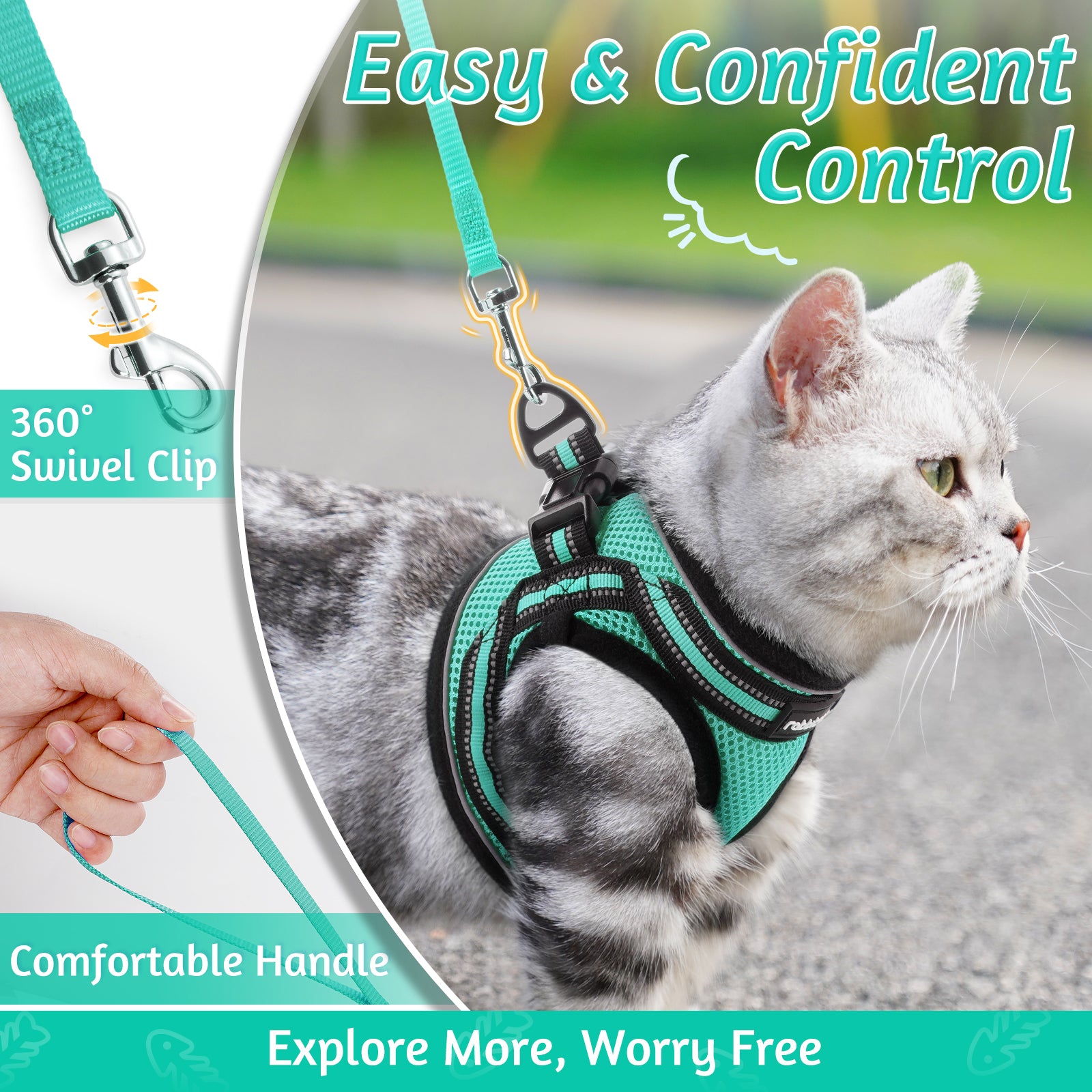 Rabbitgoo Escape Proof Cat Harness and Leash Set, with Reflective Strip - Green