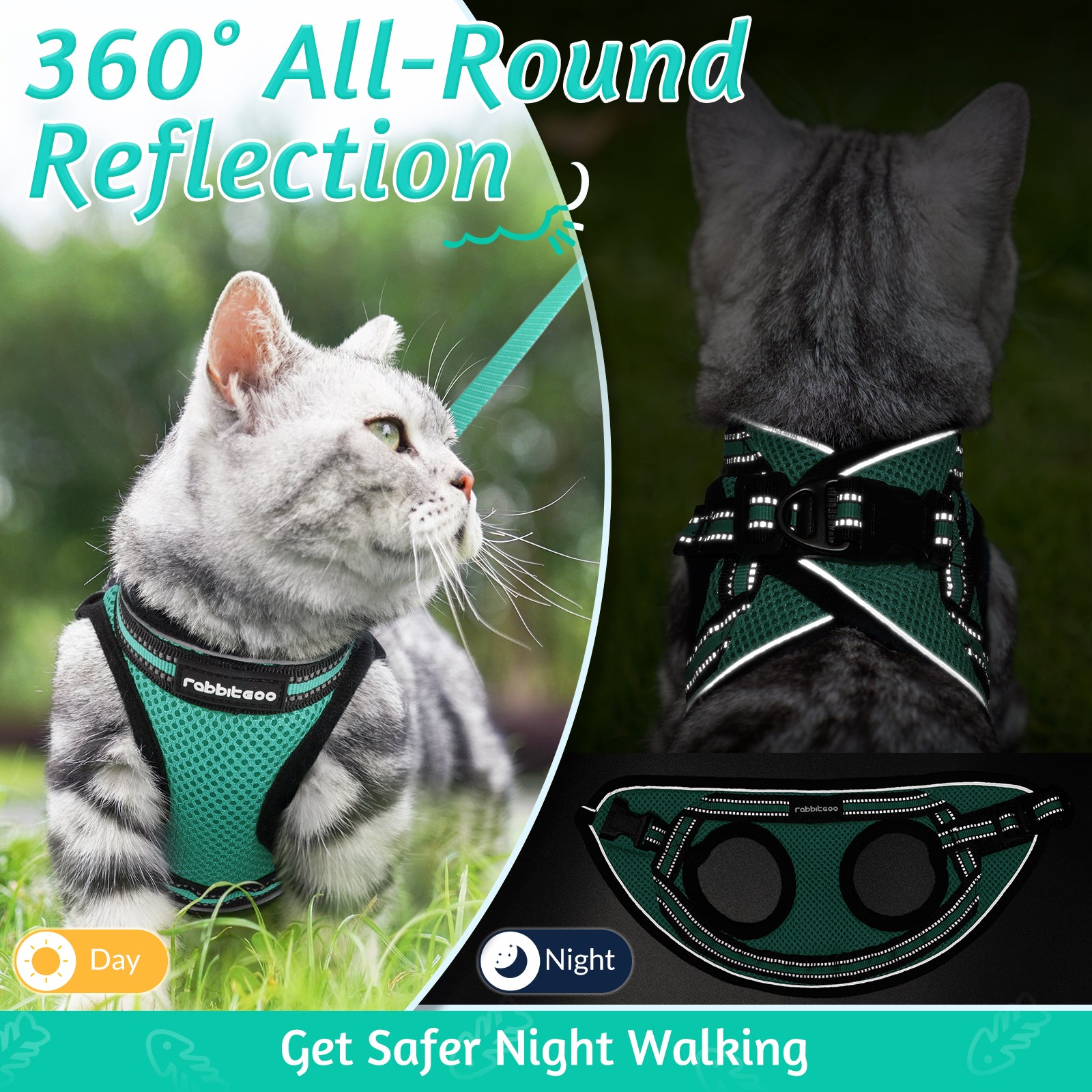 Rabbitgoo Escape Proof Cat Harness and Leash Set, with Reflective Strip - Green