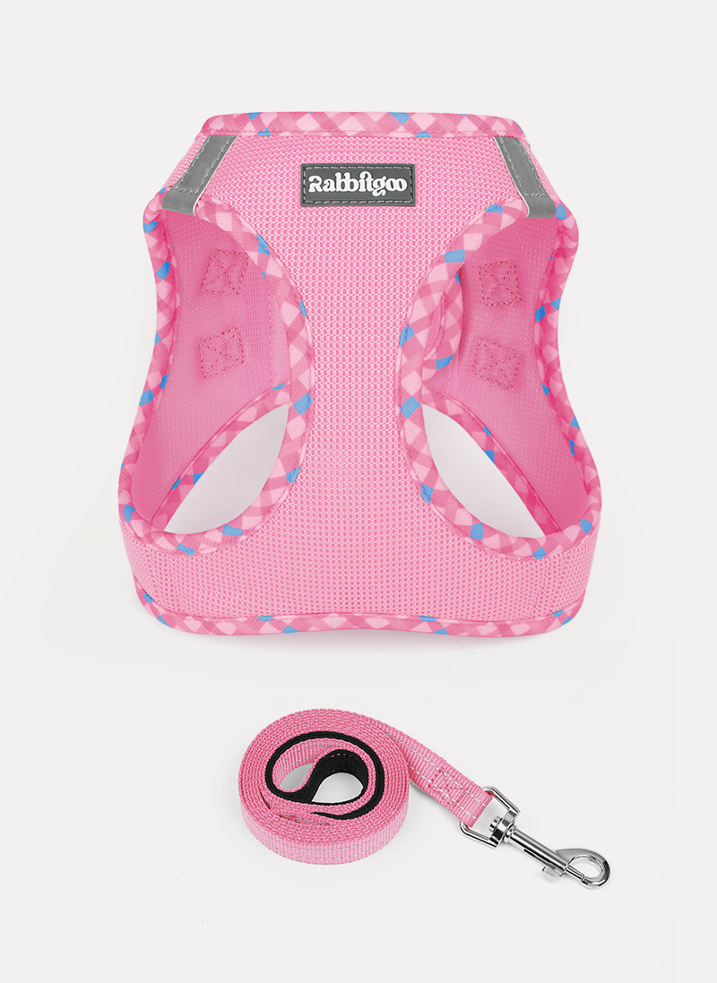 Minifit Small Dog Harness and Leash Set - Pink & Plaid Trim